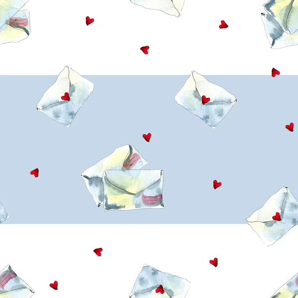 Απρόσκοπτη υδατογραφία μοτίβο με διαφορετικούς φακέλους και μικρές καρδιές σε λευκό και μπλε ριγέ φόντο — Φωτογραφία Αρχείου