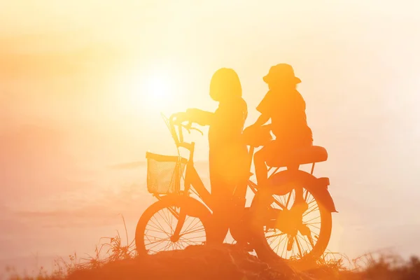 Silhouette Happy Children Happy Time Sunset — Stock Photo, Image