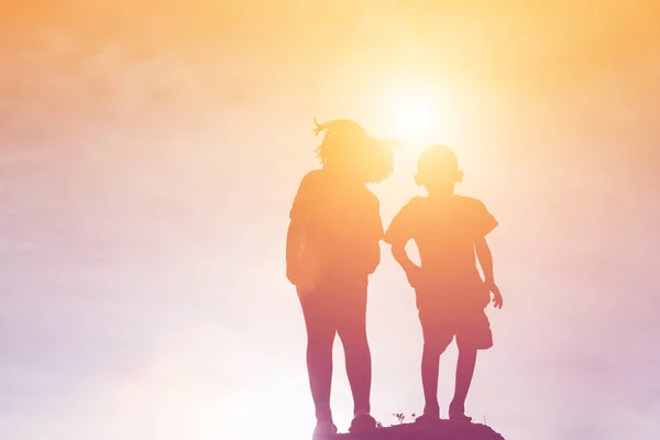 Silhouette Happy Children Happy Time Sunset — Stock Photo, Image