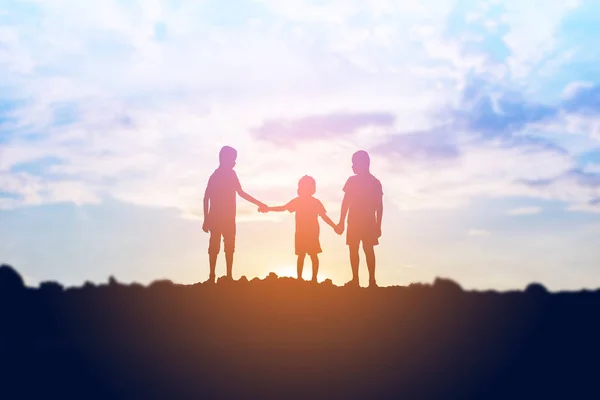 Silhouet Van Een Gelukkige Kinderen Gelukkig Tijd Zonsondergang — Stockfoto