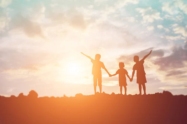 Silhouet Van Een Gelukkige Kinderen Gelukkig Tijd Zonsondergang — Stockfoto