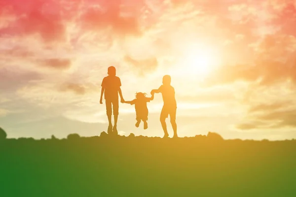 Silhouette Happy Children Happy Time Sunset — Stock Photo, Image