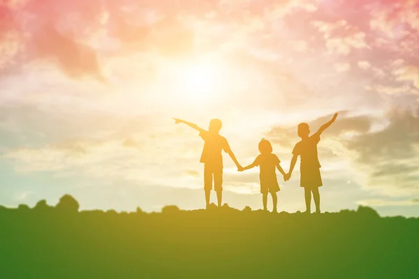 Silhouet Van Een Gelukkige Kinderen Gelukkig Tijd Zonsondergang — Stockfoto