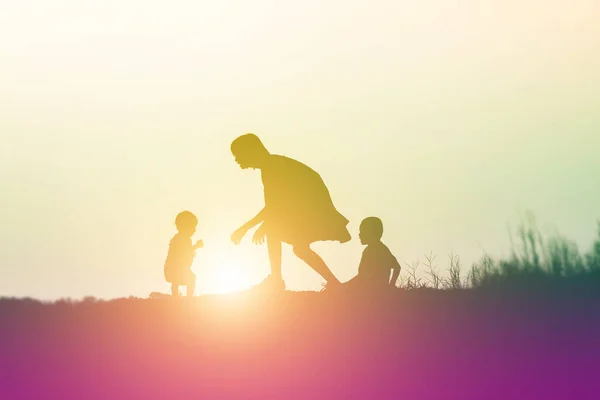 Silhouette Happy Young Girl Child Arms His Loving — Stock Photo, Image