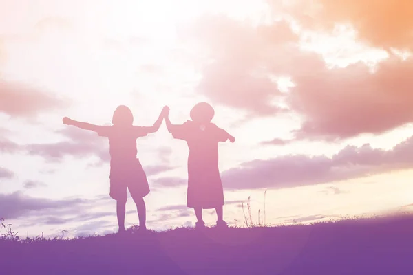 Kid Silueta Okamžiky Radosti Dítěte Povahu Sunset — Stock fotografie