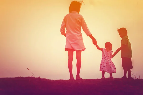 Mother Holding Baby Walking Sunset Background — Stock Photo, Image