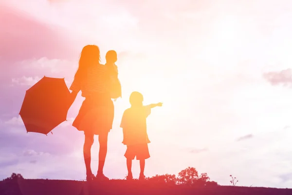 Madre Sosteniendo Bebé Caminando Sobre Fondo Del Atardecer —  Fotos de Stock