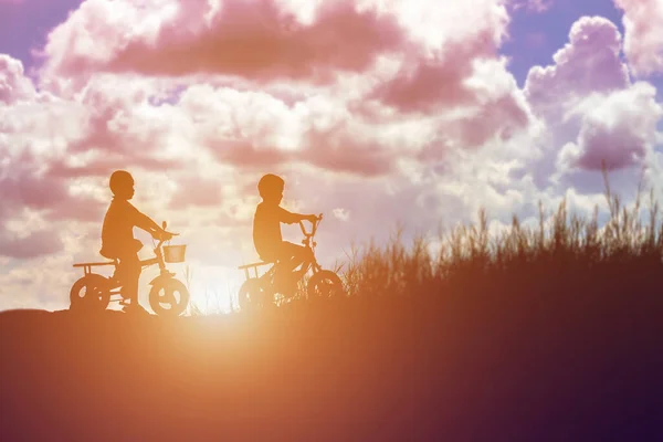 Два Маленьких Мальчика Силуэт Велосипеда — стоковое фото