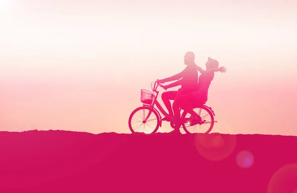 Silhouette Couple Driving Bike Happy Time Sunset — Stock Photo, Image
