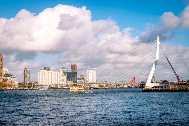 Maas nehri yakınlarındaki Rotterdam şehrinde kışın ve güzel bulutlarda modern gökdelenler ve ünlü Erasmus köprüsünde güzel binalar.