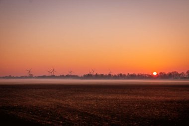 Hollanda 'da güzel bir gün doğumu sisli tarlalar üzerinde geniş bir manzara ve arka planda yükselen güzel bir turuncu güneş.