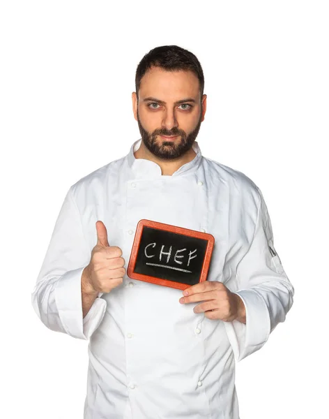 Jovem chef com quadro-negro . — Fotografia de Stock