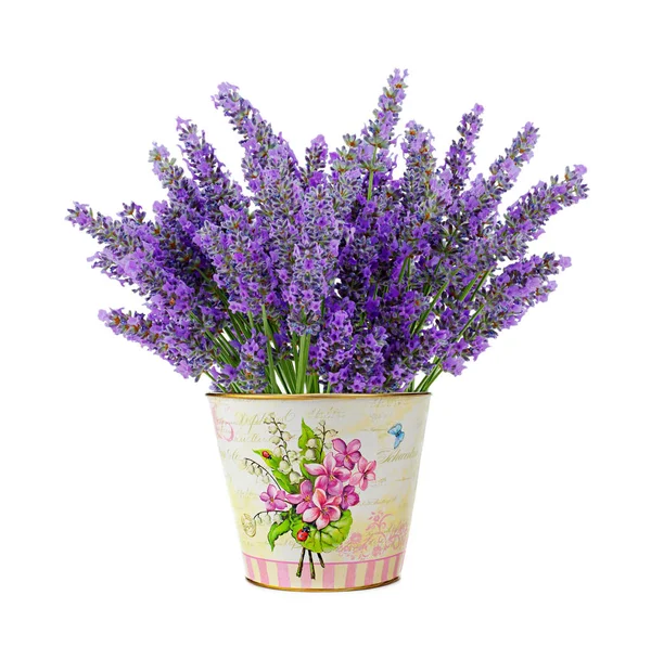 Tin vase with lavender flowers — Stock Photo, Image