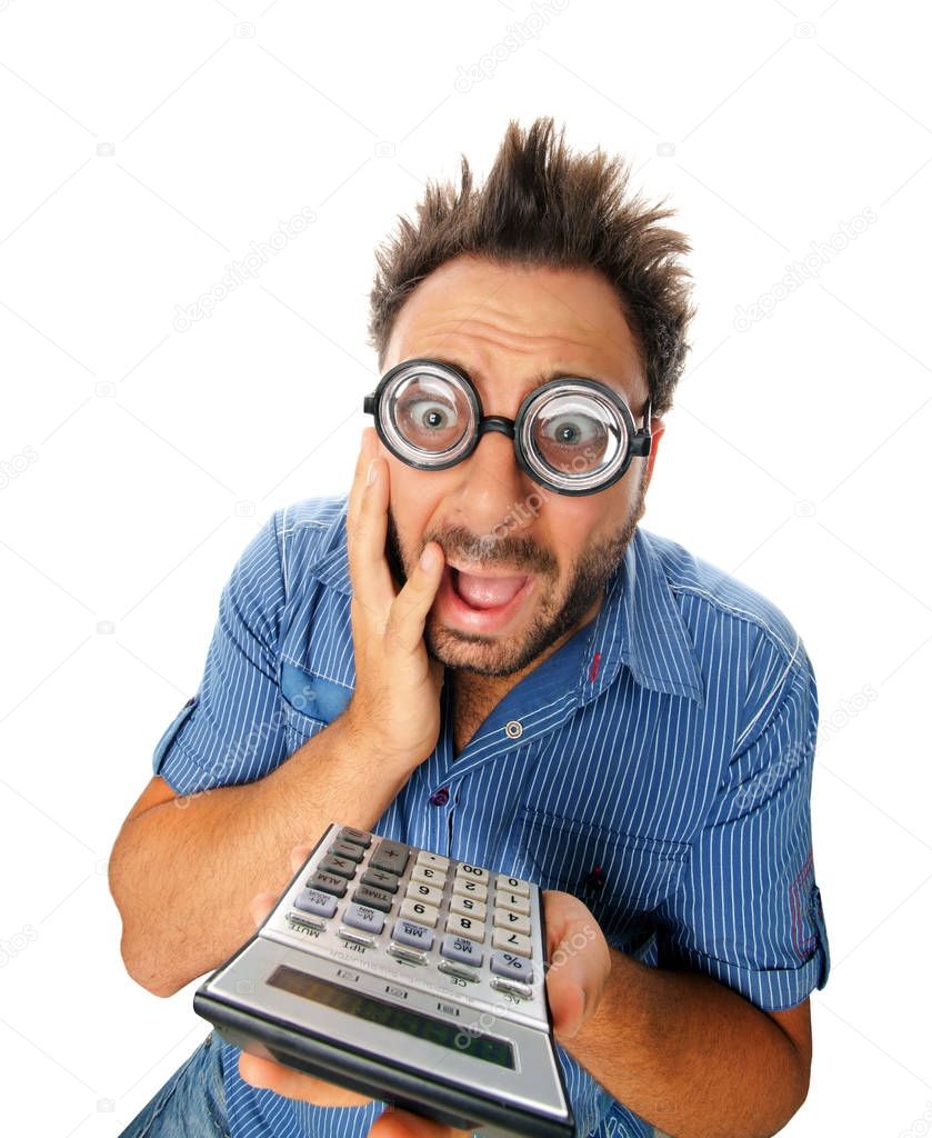 Surprised expression of a young man with calculator