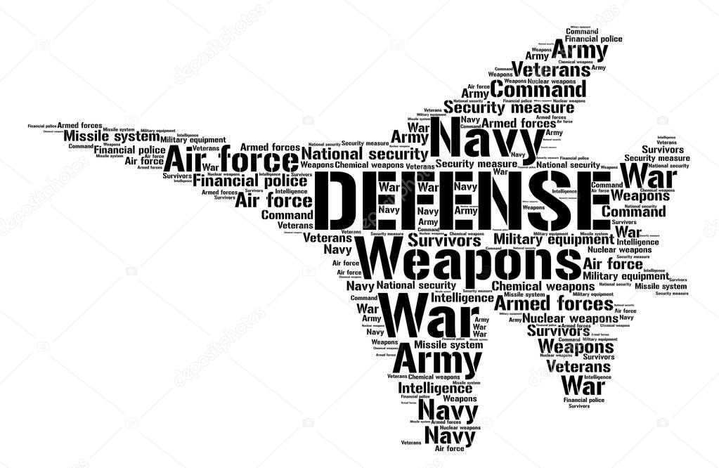 Words cloud Defense concept, military plane shape.