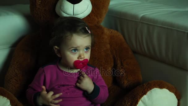 Portrait of little baby girl watches TV in the dark with her plush bear — Stock Video