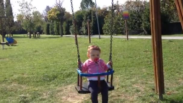 Baby girl on a swing in a park — Stock Video
