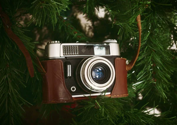 Vintage camera hanging on artificial christmas tree — Stock Photo, Image
