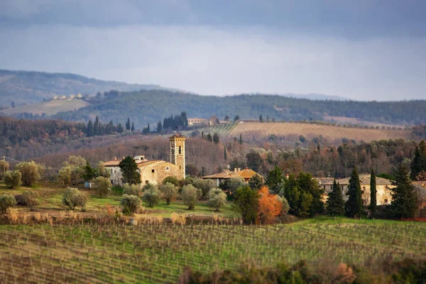 Тосканский пейзаж с кипарисами, деревьями и старинными зданиями . — стоковое фото