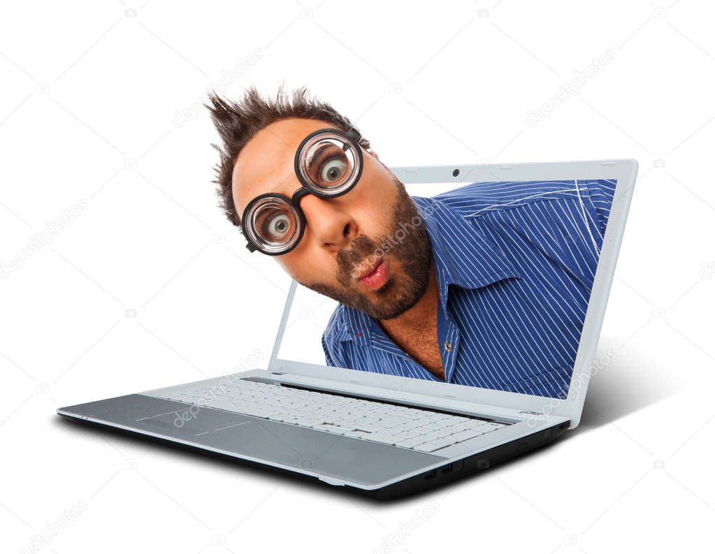 Man with a surprised expression in the laptop.