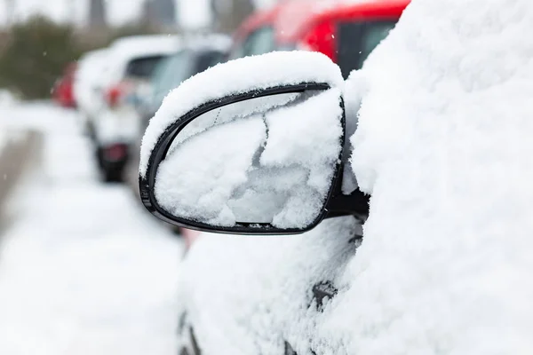 Specchio Retrovisore Coperto Neve Trasporto Dopo Nevicate — Foto Stock