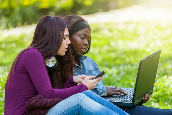 Multiracial couple of women using laptop and cell phone at the p — ストック写真