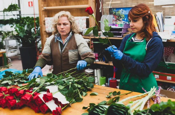 Dois floristas trabalham em um berçário . — Fotografia de Stock