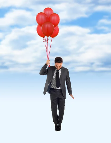 Businessman Flying Balloons Abstract Cloudy Sky Background Copy Space Success — Stock Photo, Image