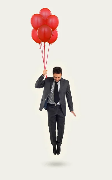 商人带着气球在有复制空间的抽象背景上飞行 成功与机会概念 — 图库照片