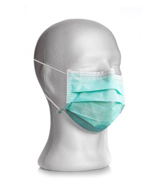 Beyaz Arkaplanda Cerrahi Maskeli Kukla Kafa. Coronavirus covid-19.