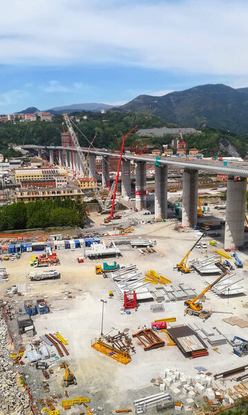 Genoa, Italy - May 08, 2020: Reconstruction of the highway bridge after the collapse on August 14, 2018. The bridge was designed by Riccardo Morandi.