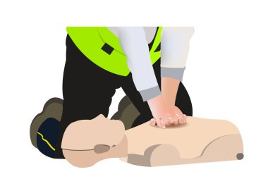 Kalp masajı ya da kardiyopulmoner resüsitasyon vektörü çizimi. Paramedikler tarafından uygulanan BLS manikin tekniği.