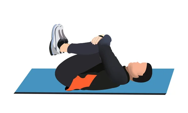 Posturální Gymnastické Cvičení Ilustrace Ukazuje Muže Rohožce Jak Provádí Strečink — Stockový vektor