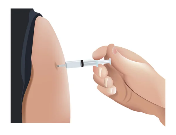 Dokter Injecteert Een Vaccin Arm Van Een Patiënt Witte Achtergrond — Stockvector