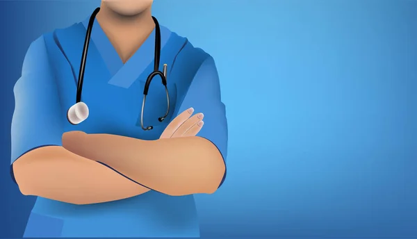Avvicinamento Delle Braccia Uomo Attraversato Personale Medico Sfondo Blu Medico — Vettoriale Stock