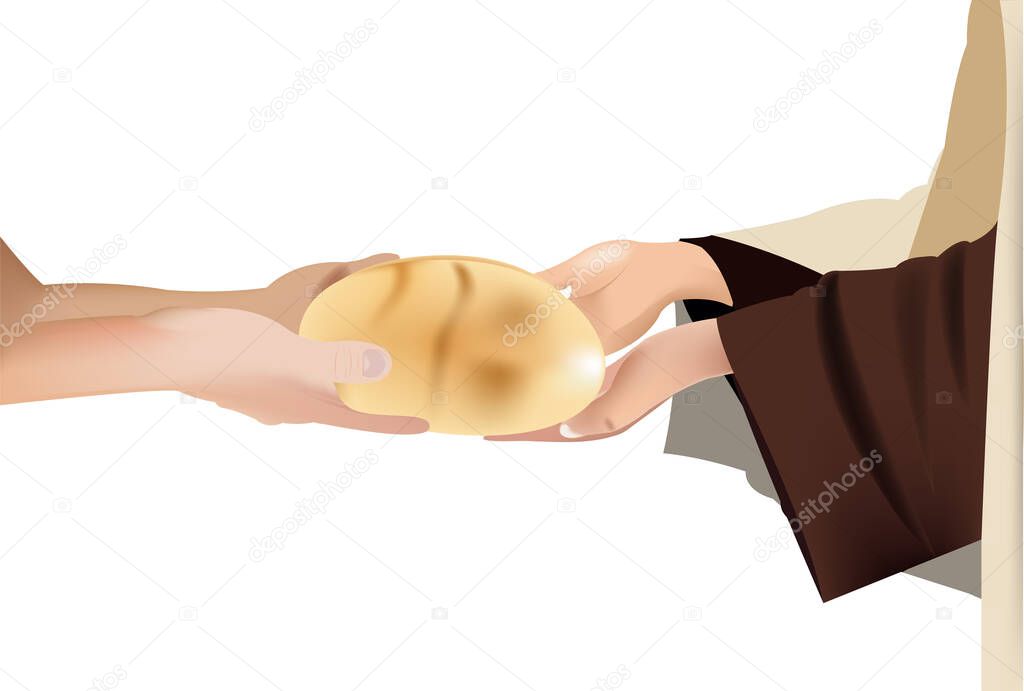 Jesus gives the bread to a beggar on white background. concept of humanitarian aid for world hunger.