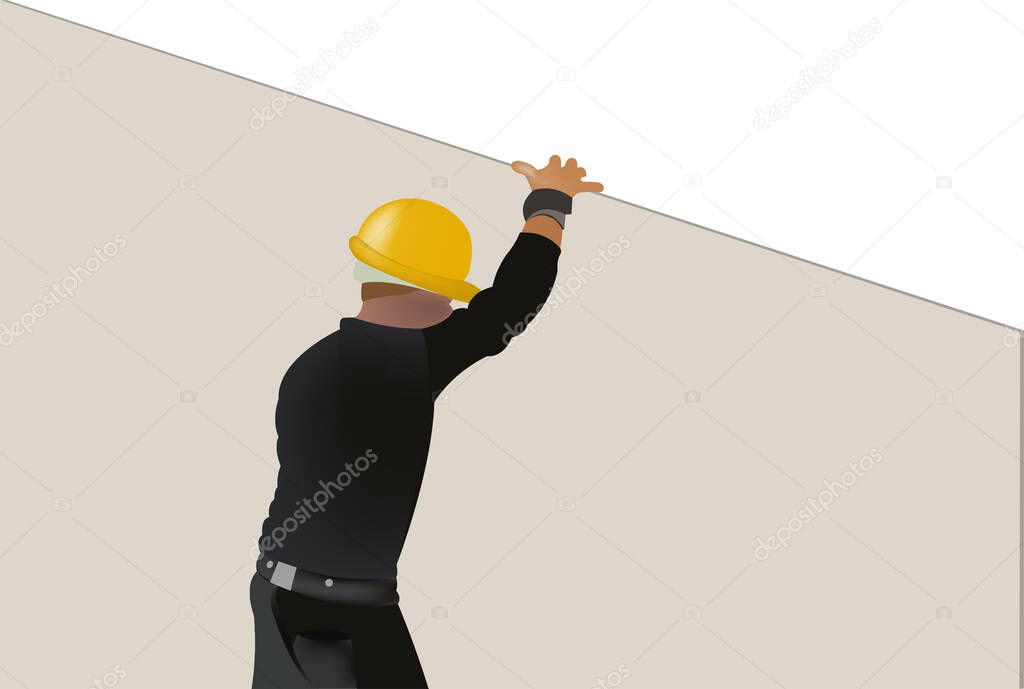 Plasterboard worker carries a gypsum panel. It wears a yellow safety helmet.