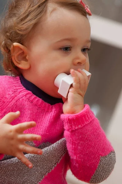 Tout Petit Bebe Fille Met Dans Sa Bouche Des Blocs De Construction En Caoutchouc Maison Brun Stock Photo Tout Petit Bebe Fille Met Dans Sa Bouche Des Blocs De Construction En Caoutchouc Maison Brun Stock Photo