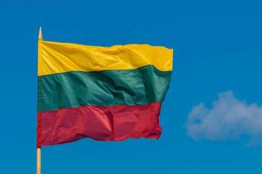 Litvanya bayrağı gökyüzü arka planında rüzgarda dalgalanıyor.