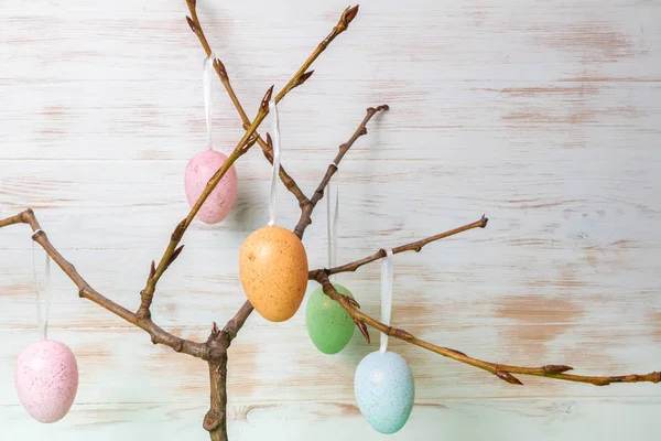 Branches d'arbre avec des œufs de Pâques de couleur douce sur fond de bois vintage peint en blanc — Photo