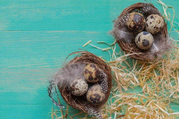 Deux nids avec des œufs de Pâques et des pailles de foin sur fond de bois vintage — Photo