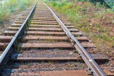 Şehir dışında tren rayları var. Meadow 'da tren yolu. Terk edilmiş kırsal demiryolu hatları kargo taşımacılığı için. Seçici Odaklanma. Tren rönesansı konsepti. Uçuş utanç konsepti