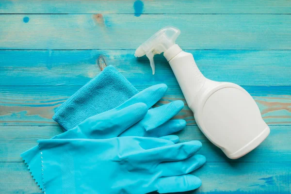 Cleaning Supplies Disinfection White Spray Bottle Disinfectant Liquid Blue Rubber — Stock Photo, Image