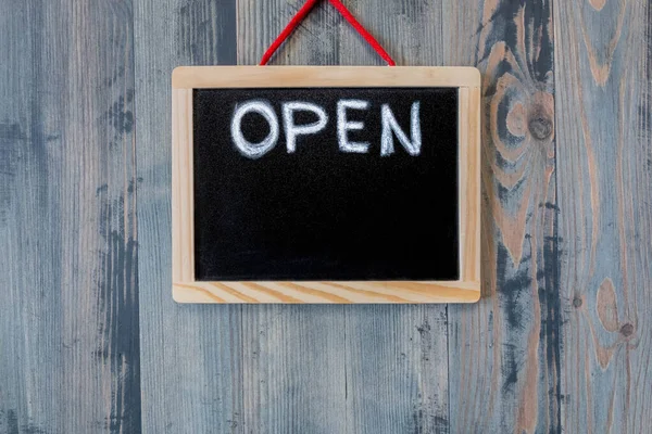 Board Lettering Open Hangs Wood Background Board Sign Open Showing — Stock Photo, Image