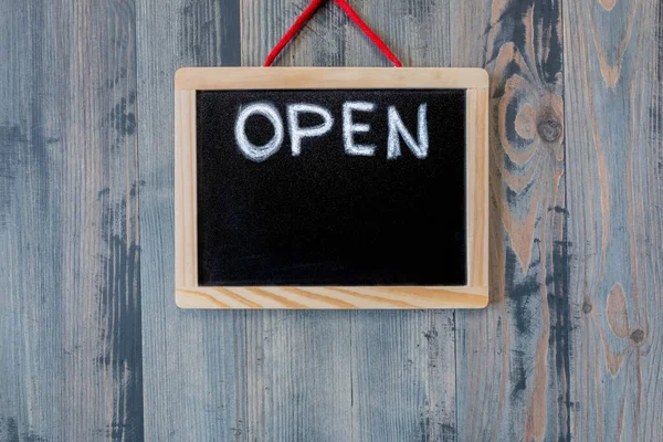 Board Lettering Open Hangs Wood Background Board Sign Open Showing — Stock Photo, Image