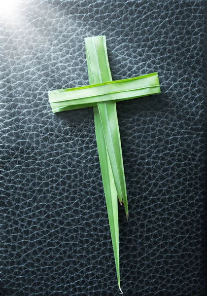 Palm Sunday Concept Cross Palm Bible — Stock Photo, Image