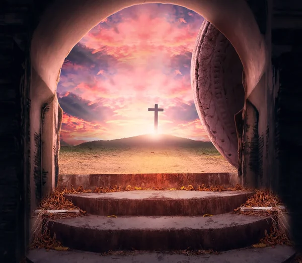 Easter Sunday Concept Tomb Empty Cross Sunset Background — Stock Photo, Image