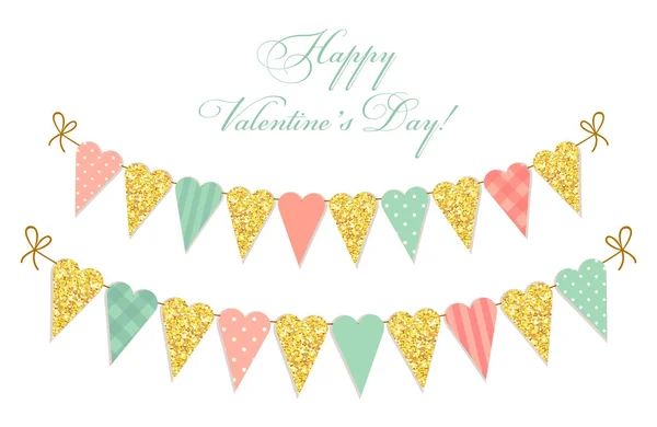 Heart shaped glittering bunting flags — Stock Vector