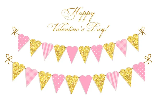 Heart shaped glittering bunting flags — Stock Vector