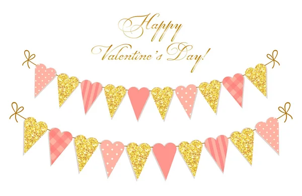 Heart shaped glittering bunting flags — Stock Vector